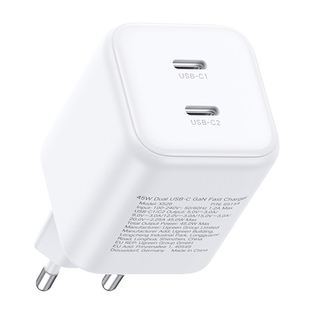 Ładowarka sieciowa Ugreen X526, 45W, GaN, 2x USB-C (biała)