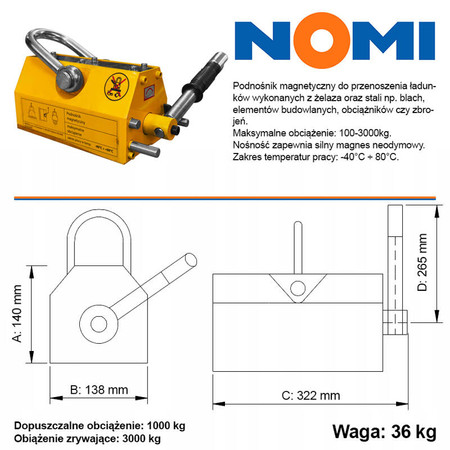 Podnośnik chwytak magnetyczny 1000kg Nomi PML-10