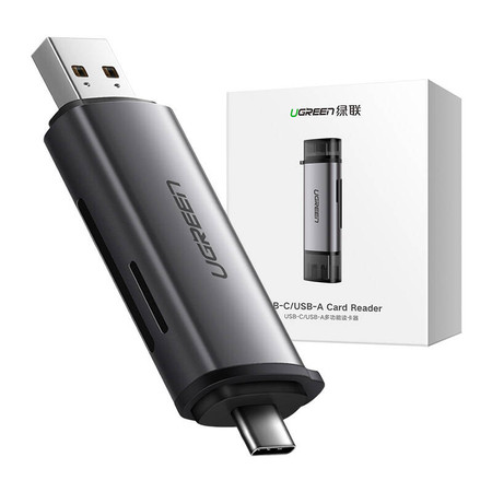 Adapter USB + USB-C UGREEN  CM185 czytnik kart SD + microSD (szary)