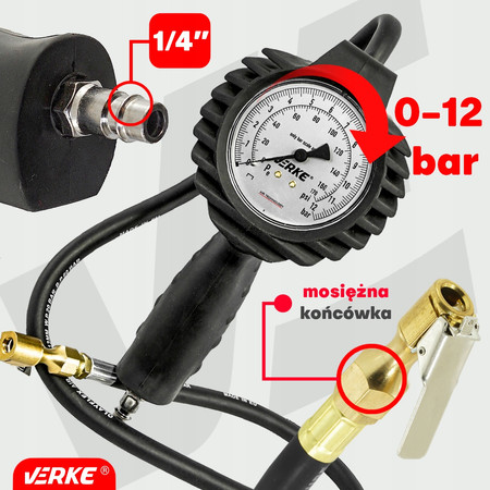 Pistolet pneumatyczny do pompowania kół z manometrem Verke V81266