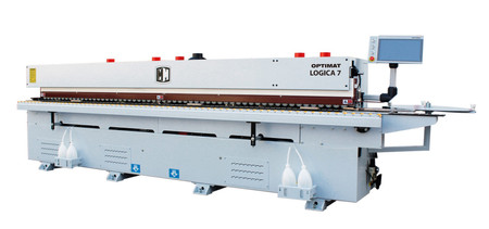 Okleiniarka krawędziowa ze wstępnym frezowaniem, zarabianiem naroży OPTIMAT LOGICA 7, cyklina promieniowa, cyklina płaska (klejowa), system natryskowy, polerka, PUR/EVA