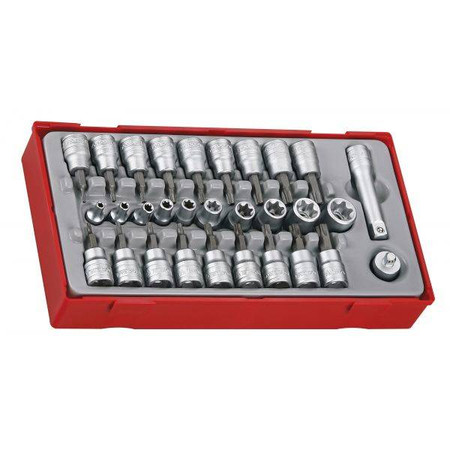 30-elementowy zestaw nasadek TX z chwytem kwadratowym 1/4" i 3/8", Teng Tools 102140100