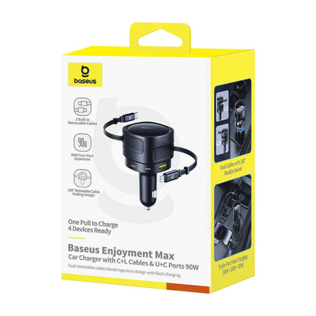 Ładowarka samochodowa Baseus Enjoyment Max z kablami USB-C+Lightning i portami USB-A+USB-C 90W Czarny