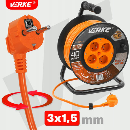 Przedłużacz na bębnie 3x1,5mm 40m 4 gniazda bezpiecznik Verke V70011