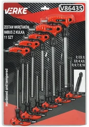 Zestaw wkrętaków imbusowych z uchwytem T i kulką 11szt Verke V86435