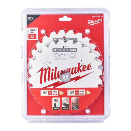 ZESTAW TARCZ PILARSKICH DO DREWNA190x30mm 24 ZĘBY 2szt MILWAUKEE 4932479804  