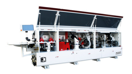 Okleiniarka krawędziowa ze wstępnym frezowaniem, zarabianiem naroży OPTIMAT LOGICA 7, cyklina promieniowa, cyklina płaska (klejowa), system natryskowy, polerka, PUR/EVA
