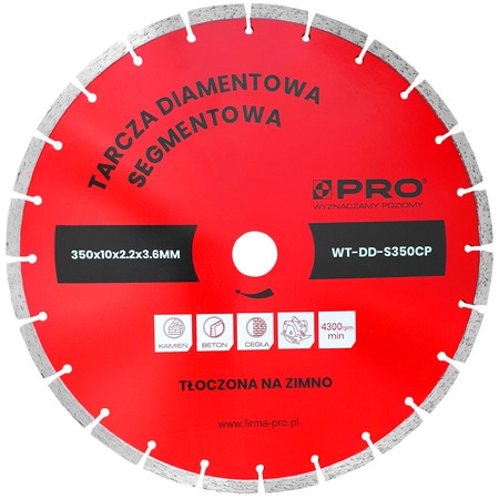Tarcza diamentowa segmentowa tłoczona na zimno 350x10x2.2x3.6mm PRO WT201