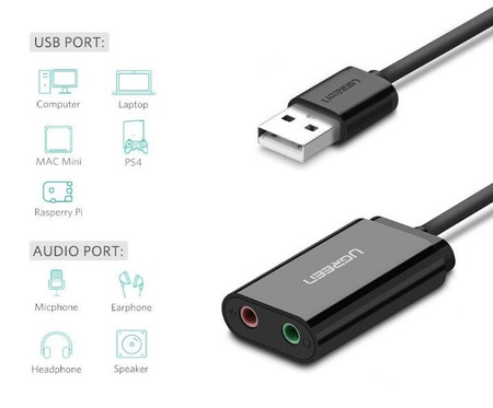 Zewnętrzna karta dźwiękowa USB UGREEN   US205 15cm (czarny)