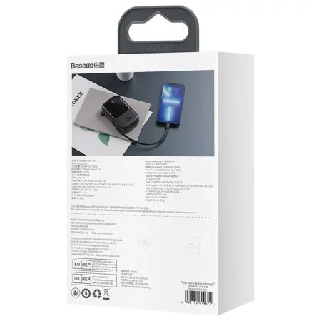 Powerbank Baseus Qpow PRO z kablem Lightning, portem USB-C i USB, 20000mAh, 20W (czarny)