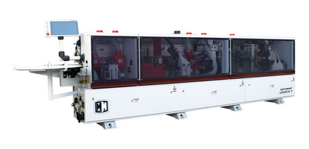 Okleiniarka krawędziowa ze wstępnym frezowaniem, zarabianiem naroży OPTIMAT LOGICA 7, cyklina promieniowa, cyklina płaska (klejowa), system natryskowy, polerka, PUR/EVA