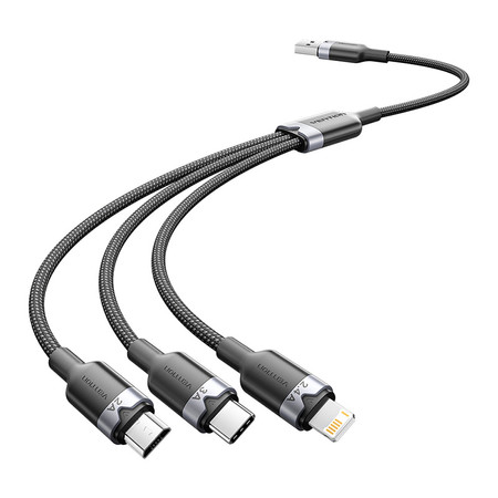 Kabel USB 2.0 A męski do 3 w 1 USB-C, Lightning i Micro-B męskie Vention 3A CTPBG 1.5m