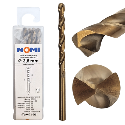 Wiertło do metalu kobaltowe 3,8mm hrc co Nomi do stali tworzyw aluminium