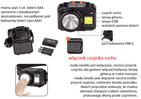 Latarka Czołowa 350lm + 120lm 1200mAh Verke V87555