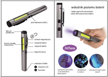 Latarka z Laserem i UV 400lm + 120lm 800mAh Verke V87553