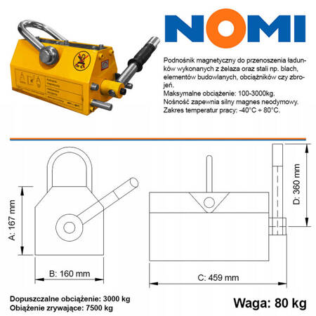 Podnośnik chwytak magnetyczny 3000kg Nomi PML-30